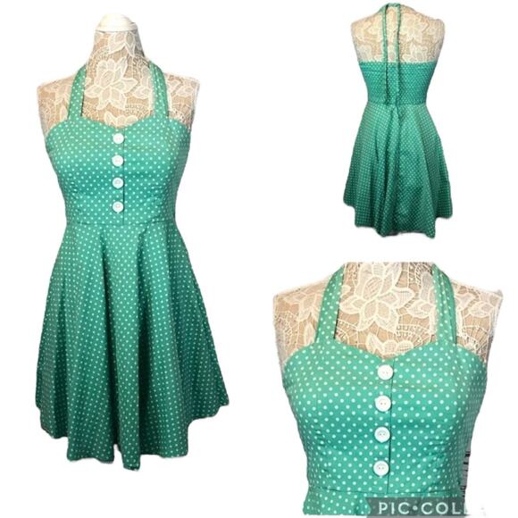 Sara U.S.A Vintage Retro Pin Up Halter Dress Green and white polkdot size large - Picture 1 of 11